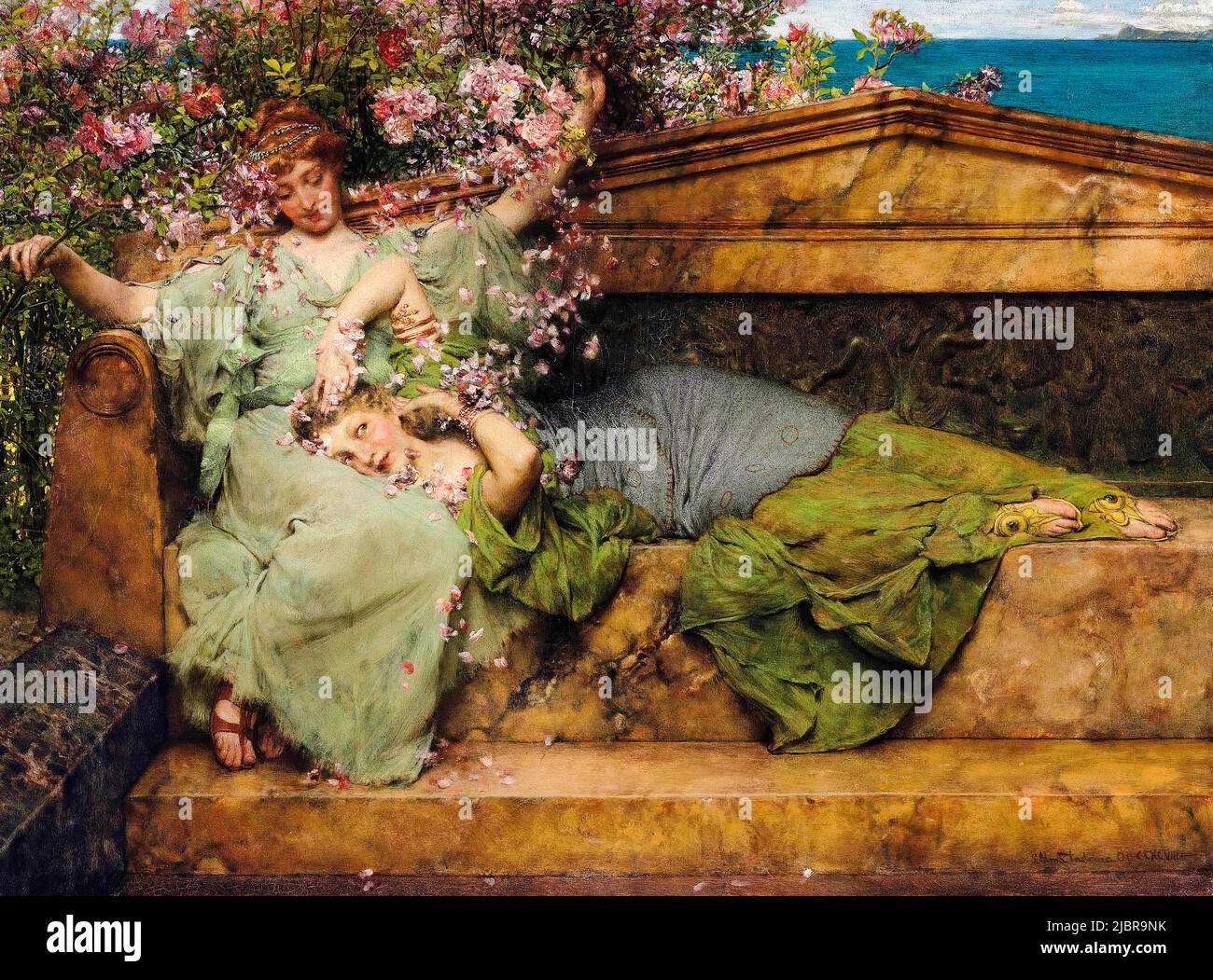 Sir Lawrence Alma Tadema, dans un jardin de roses, peint à l'huile sur panneau, avant 1890 Banque D'Images