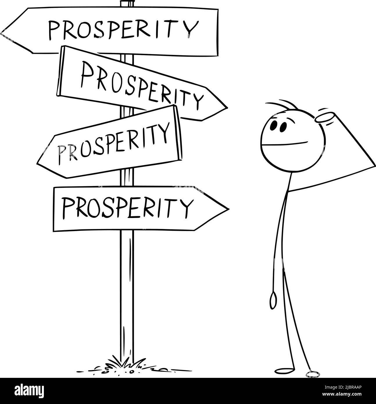 Personne ou homme d'affaires debout sur le carrefour, décider et choisir parmi les choix de prospérité , Vector Cartoon Stick Figure Illustration Illustration de Vecteur