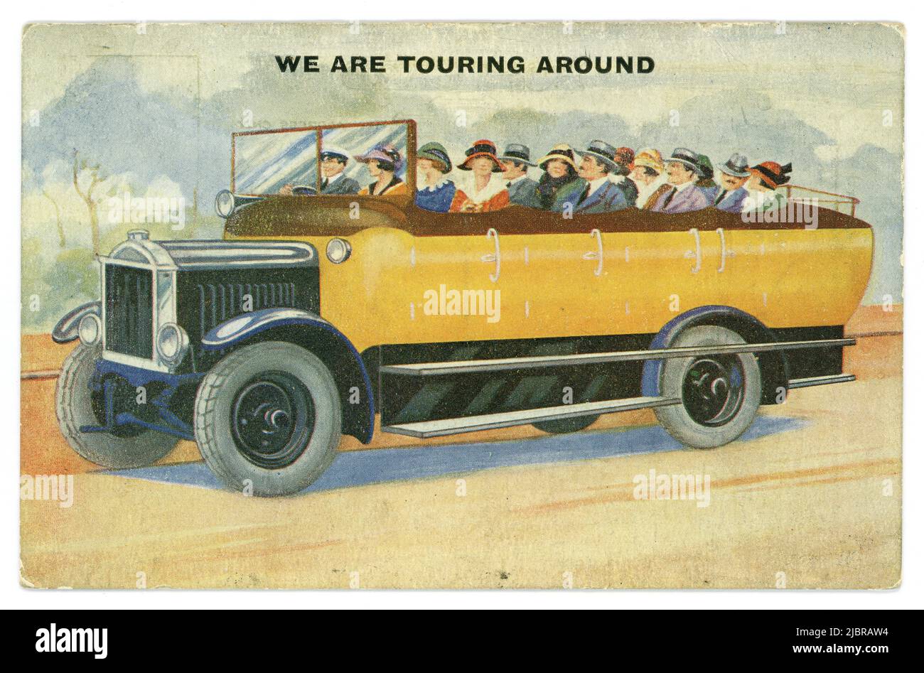 Carte postale de bande dessinée couleur des années 1920, tournée dans un grand charabanc, vers 1925 Londres, Royaume-Uni Banque D'Images