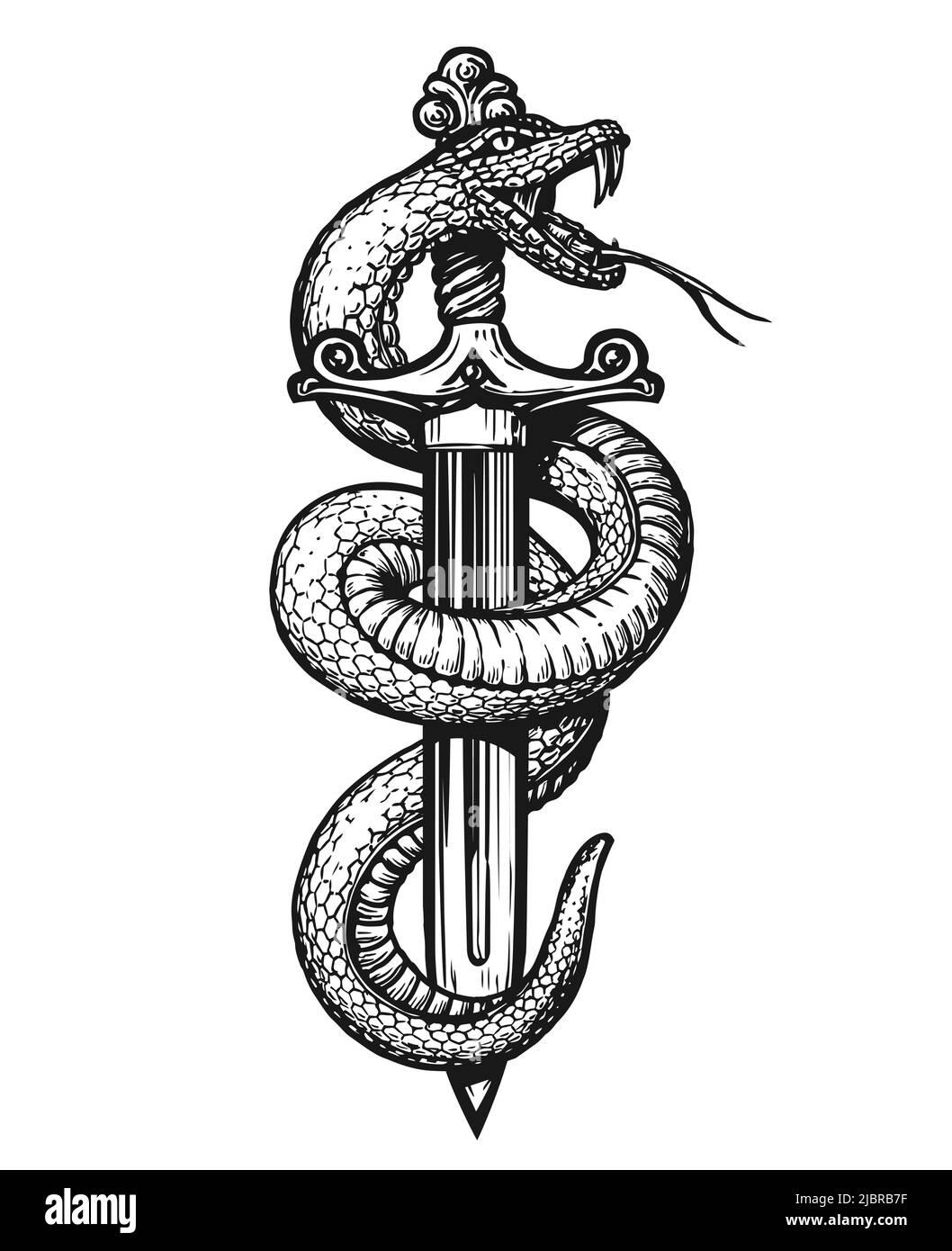 Serpent à dessin à la main enroulé autour du poignard. Illustration vectorielle tatouage de style gravure vintage Illustration de Vecteur