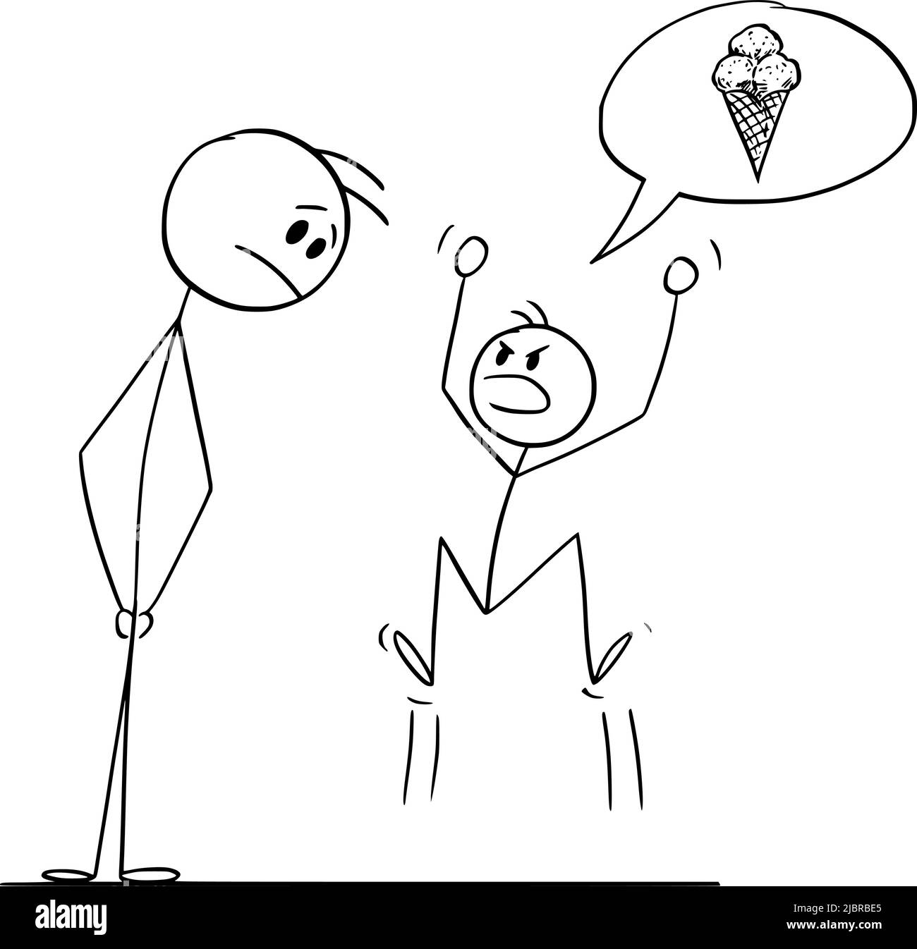 Père regardant l'enfant en colère ou le garçon qui veut de la crème glacée, Vector Cartoon Stick Figure Illustration Illustration de Vecteur