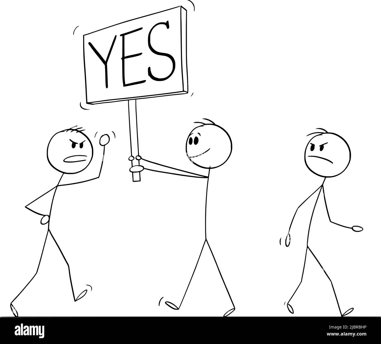 Personne marchant dans la rue avec le signe Oui, Illustration de la figure de bâton de dessin animé Illustration de Vecteur