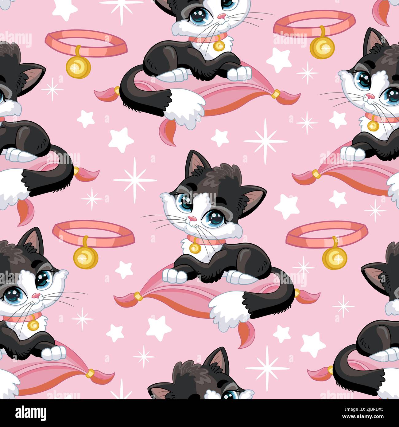 Motif sans couture joli kitty noir sur un oreiller. Illustration vectorielle de dessin animé avec caractère de chat. Imprimé puéril pour les textiles, les tissus, les papiers peints, le desig Illustration de Vecteur