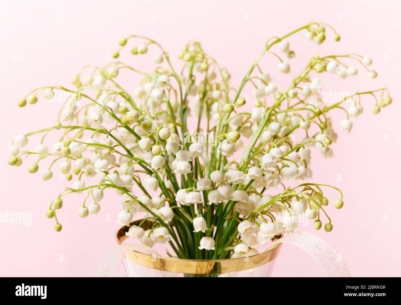 Délicat bouquet romantique de petits lys blancs de la vallée sur fond rose. Banque D'Images