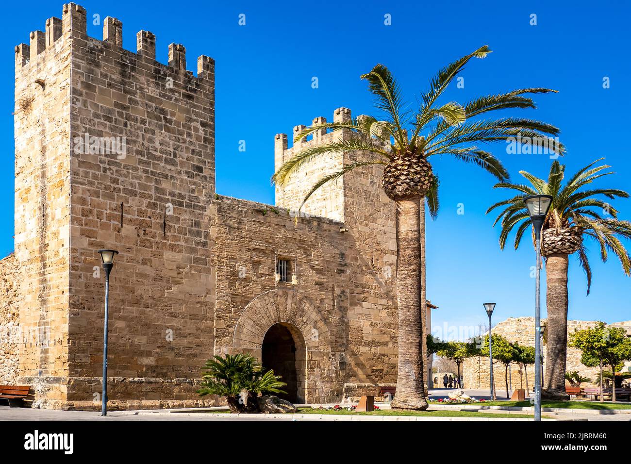 Porte médiévale de la ville d'Alcúdia avec deux tours et des remparts comme une porte d'entrée à la fortification de la vieille ville d'Alcudia avec des palmiers au printemps. Banque D'Images