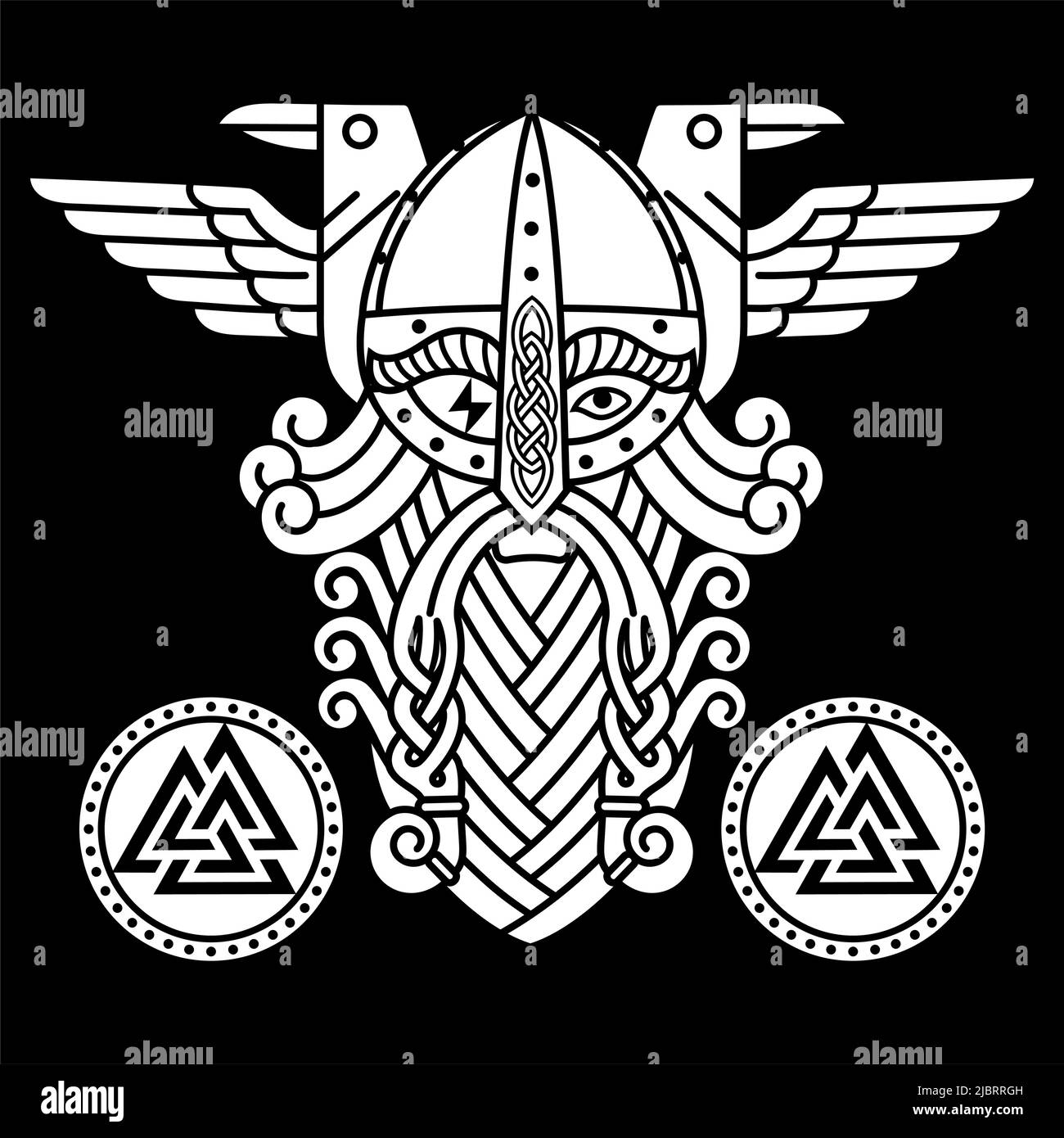 Dieu Wotan, deux corbeaux et runes boucliers. Illustration de la mythologie norse Illustration de Vecteur