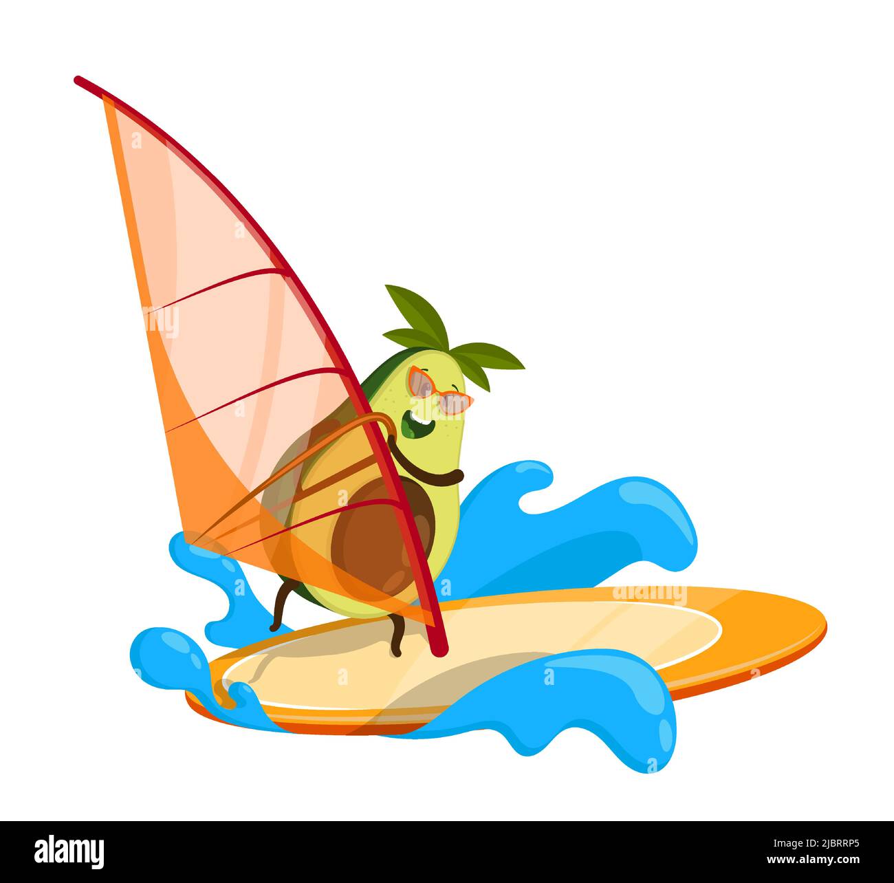 Des fruits d'avocat gaies surfe sur les vagues à bord de mer avec voile. Des aliments délicieux et sains, des légumes et des fruits. Un mode de vie sain. Vecteur de dessin animé Illustration de Vecteur