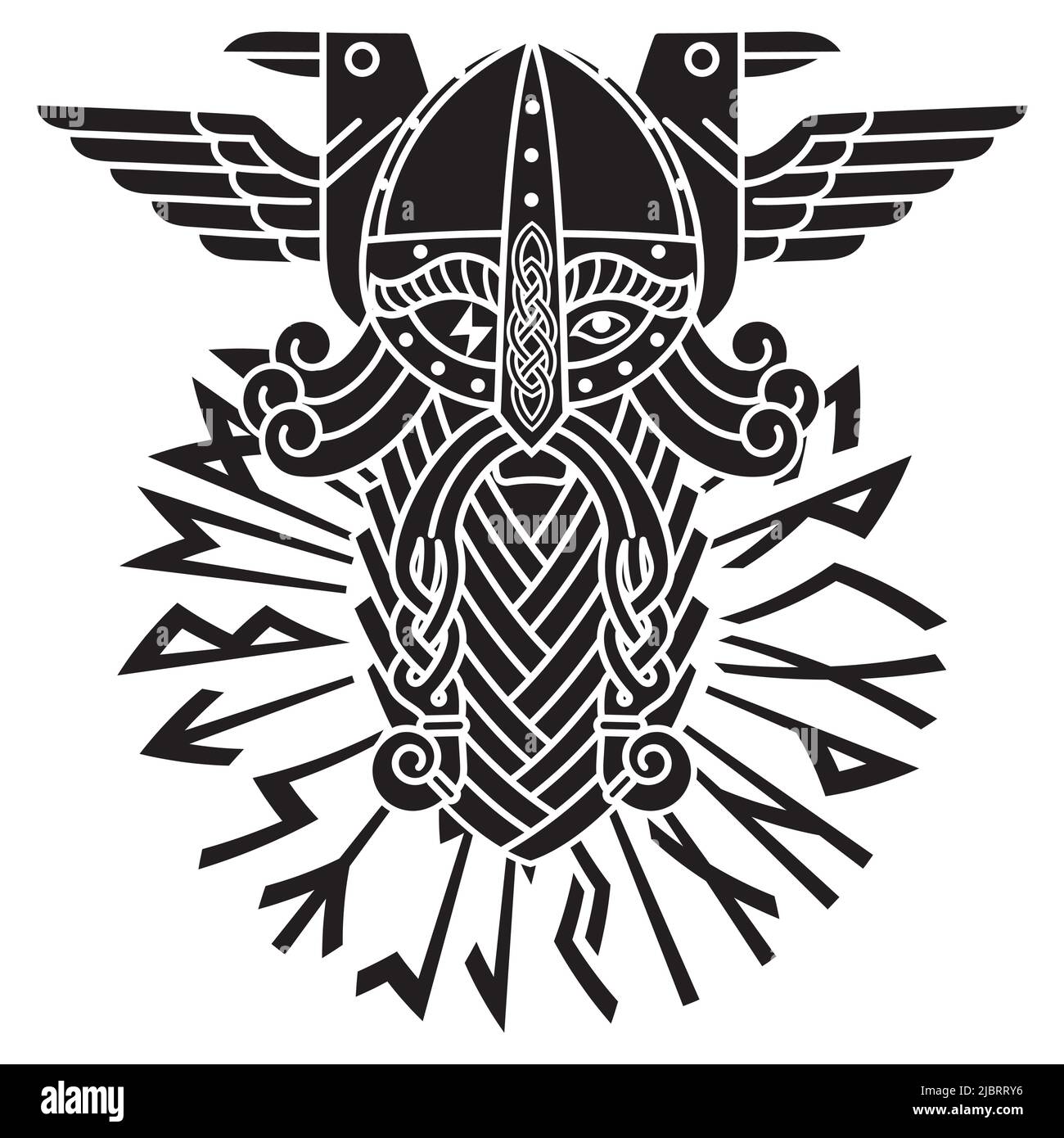 Dieu Wotan, deux corbeaux et norse runes. Illustration de la mythologie norse Illustration de Vecteur