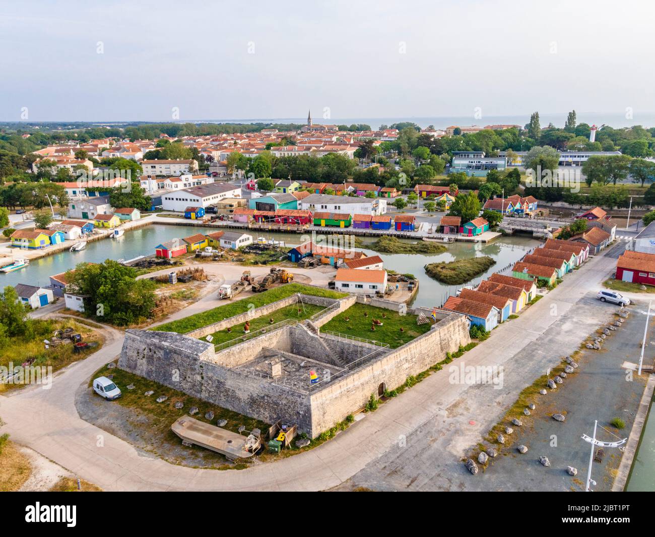 France, Charente Maritime, ile d'Oléron, île d'Oléron, le Château d'Oléron, Fort Paté et huître (vue aérienne) Banque D'Images