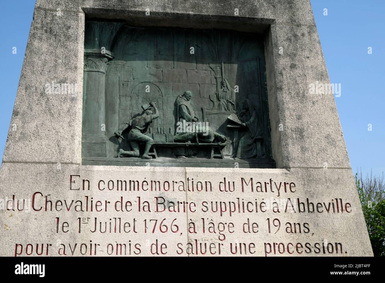 France, somme, Abbeville, pont, canal de somme, Monument de la barre de 1907, martyre du chevalier au 18th siècle Banque D'Images