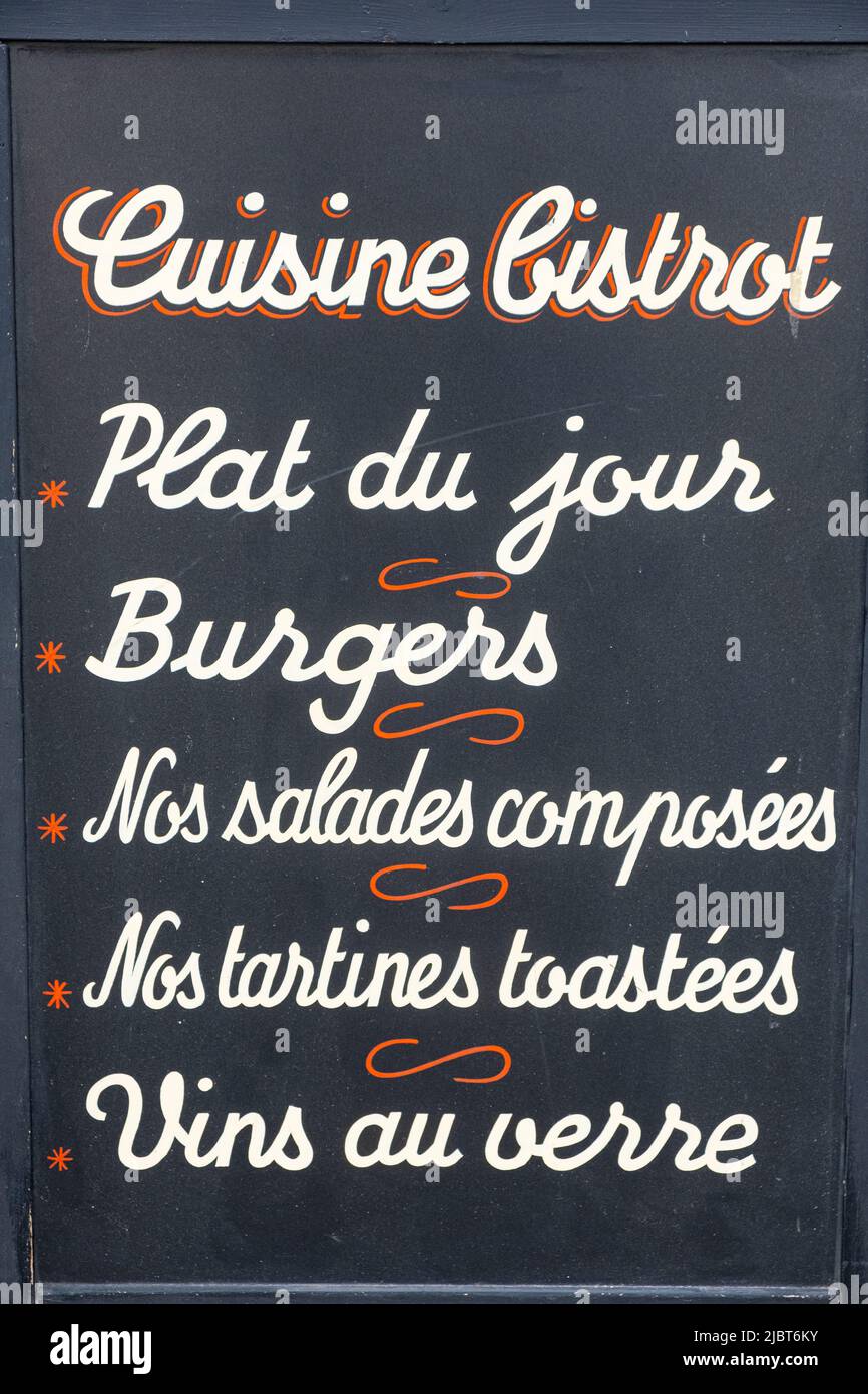 France, Paris, menu ardoise d'un restaurant Banque D'Images