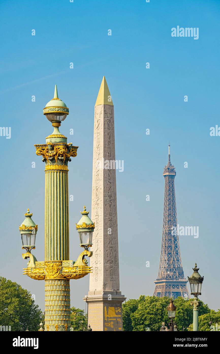 France, Paris, place de la Concorde, Tour Eiffel et Obélisque Banque D'Images