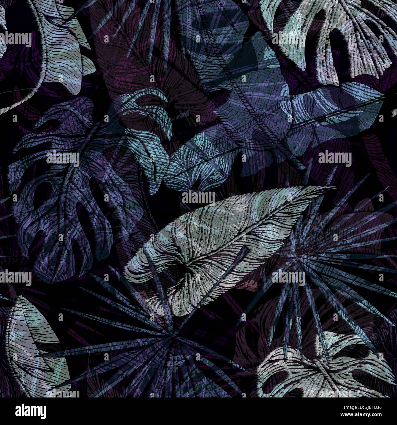 Nuit tropicale feuilles sans couture motif sur fond noir. Feuillage jungle vintage avec style gravure. Forêt tropicale abstraite. Texture exotique pour l'impression, Banque D'Images