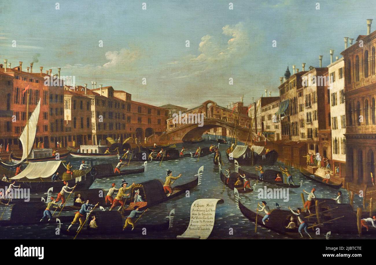 Italie, Venetia, Venise, classée au patrimoine mondial de l'UNESCO, Fondation Querini Stampalia, Gondoliers et Pont du Rialto, peinture de Gabriel Bella (18th C) Banque D'Images