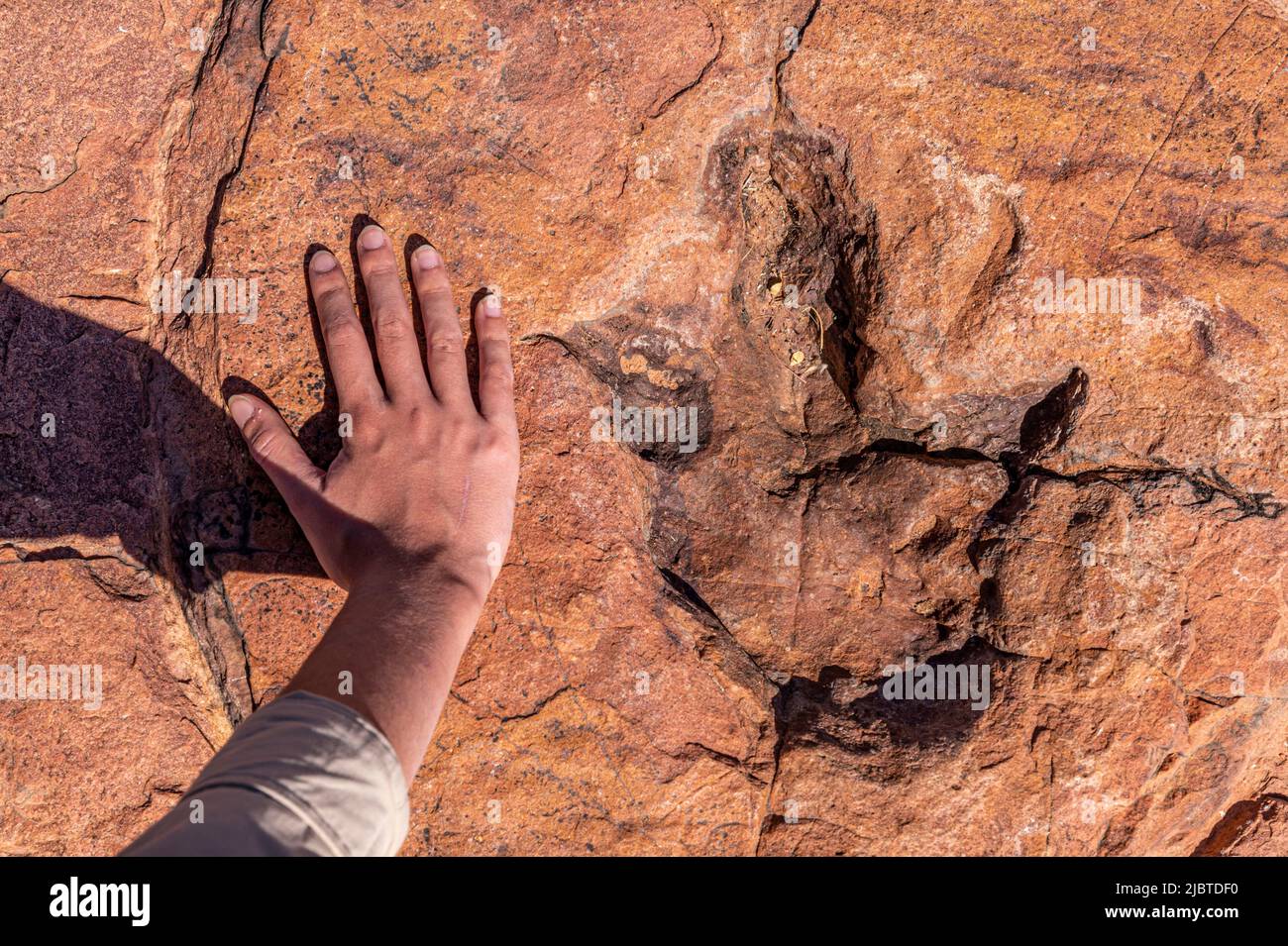 Namibie, région d'Otjozondjupa, district d'Otjiwarongo, Kalkfeld, vue aérienne d'Otjihaémaparero où des traces fossilisées de dinosaures de Ceratosauria, datant de 219 millions d'années, sont encore visibles Banque D'Images