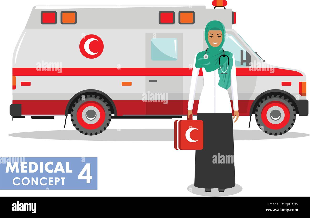 Illustration détaillée des médecins arabes et de la voiture d'ambulance de style plat sur fond blanc. Illustration de Vecteur