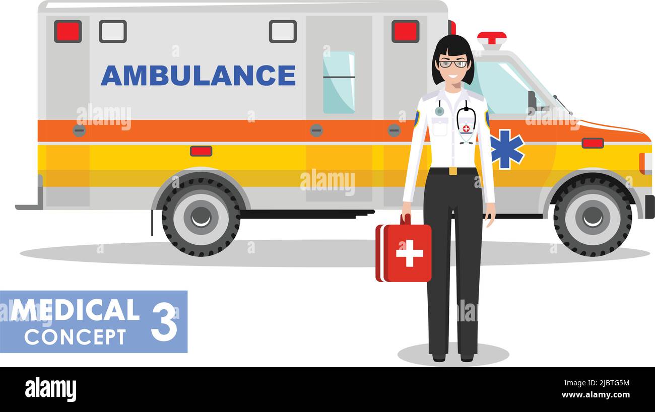 Illustration détaillée des médecins et de la voiture d'ambulance de style plat sur fond blanc. Illustration de Vecteur