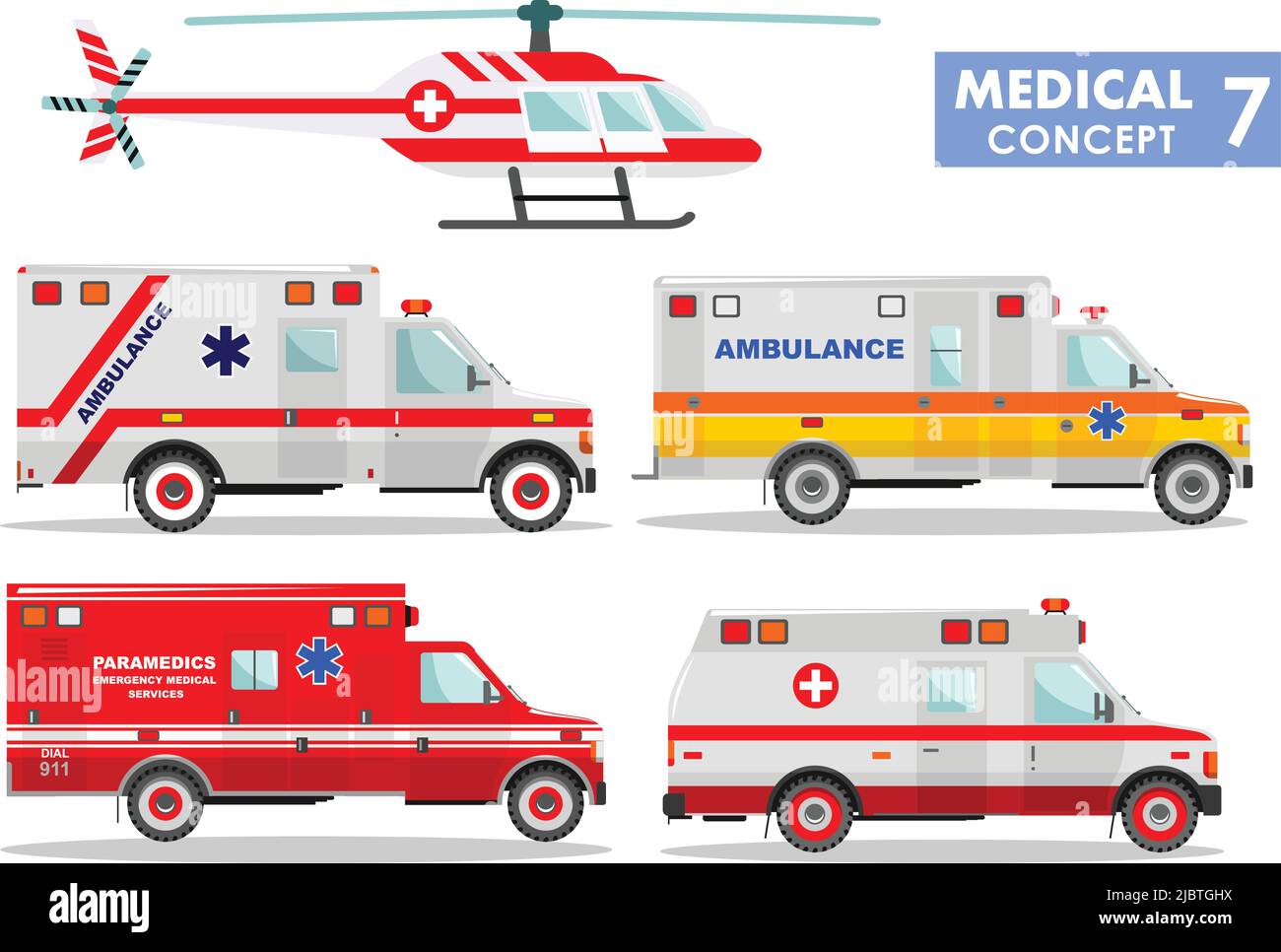 Illustration détaillée de voitures médicales et d'hélicoptères de style plat sur fond blanc. Illustration de Vecteur