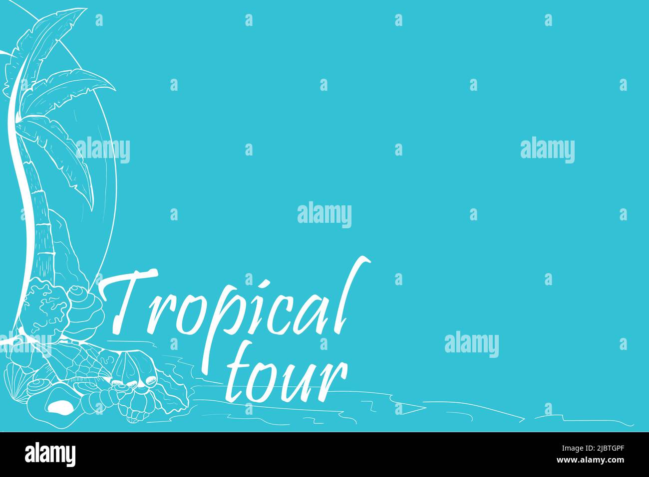 Visite tropicale fond avec palmier et coquillages pour l'agence de voyage, bannière, flyer. Illustration de Vecteur