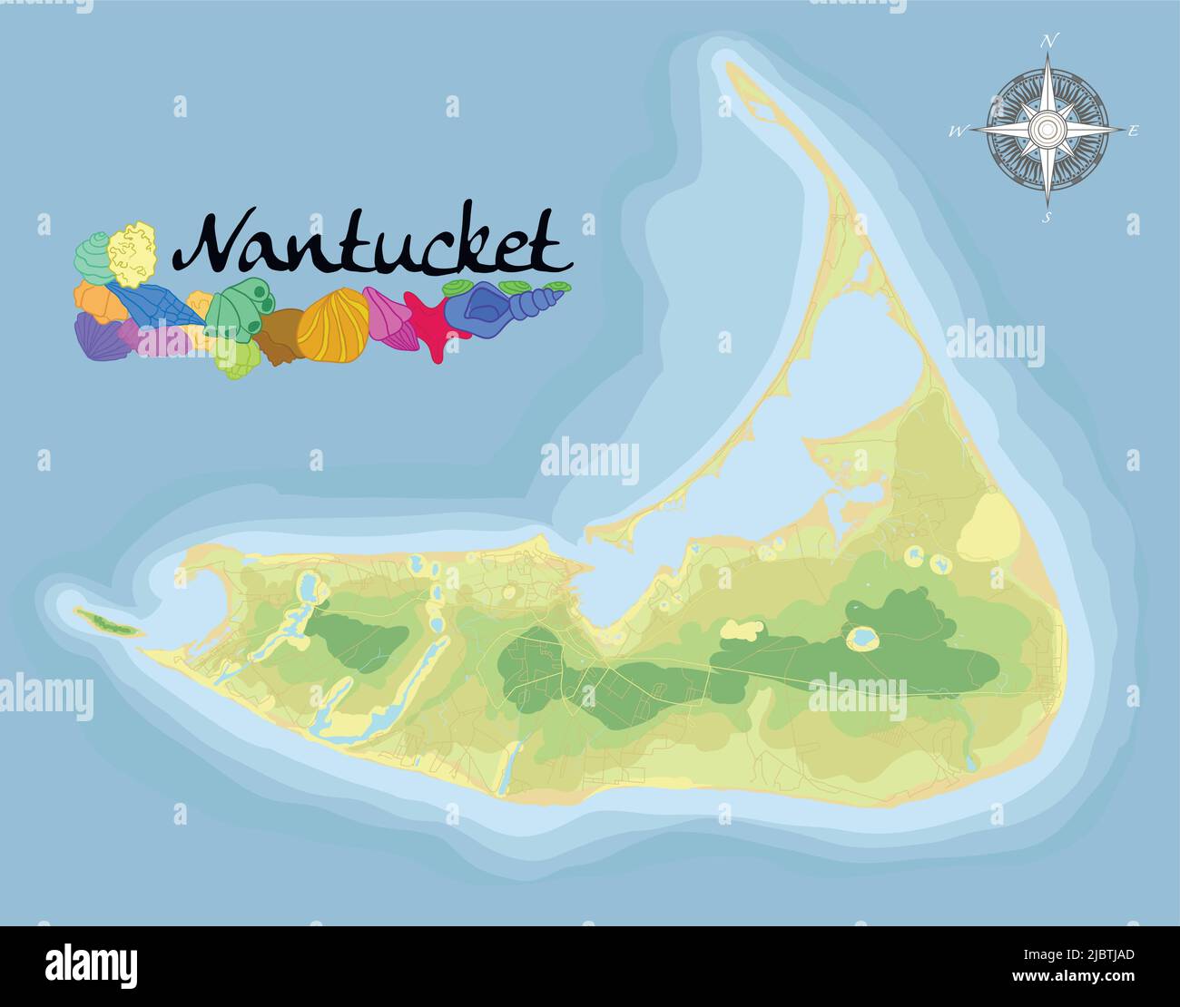 Nantucket Island. Carte d'arrière-plan satellite réaliste avec désignation des plages, des lieux de repos et de divertissement. Illustration de Vecteur