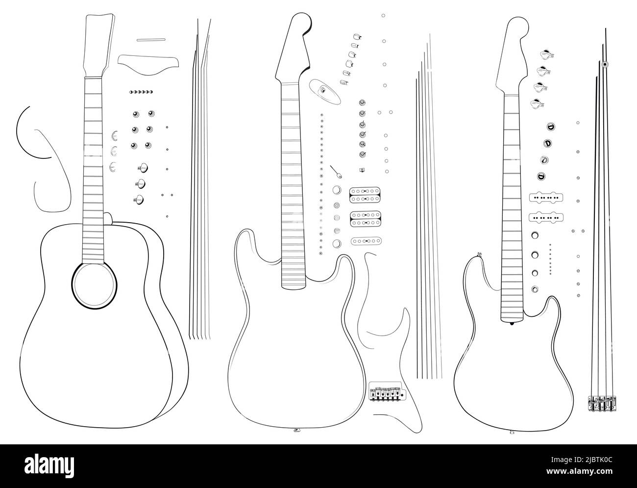 Trois guitares : basse, électro et acoustique en illustration vectorielle. Version éclatée. Illustration de Vecteur