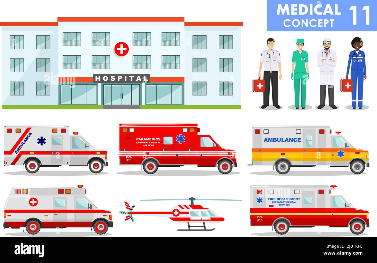 Professions de personnes. Illustration détaillée du bâtiment de l'hôpital, des voitures d'ambulance hélicoptère, médecin d'urgence et des personnes médicales dans le style plat sur whi Illustration de Vecteur