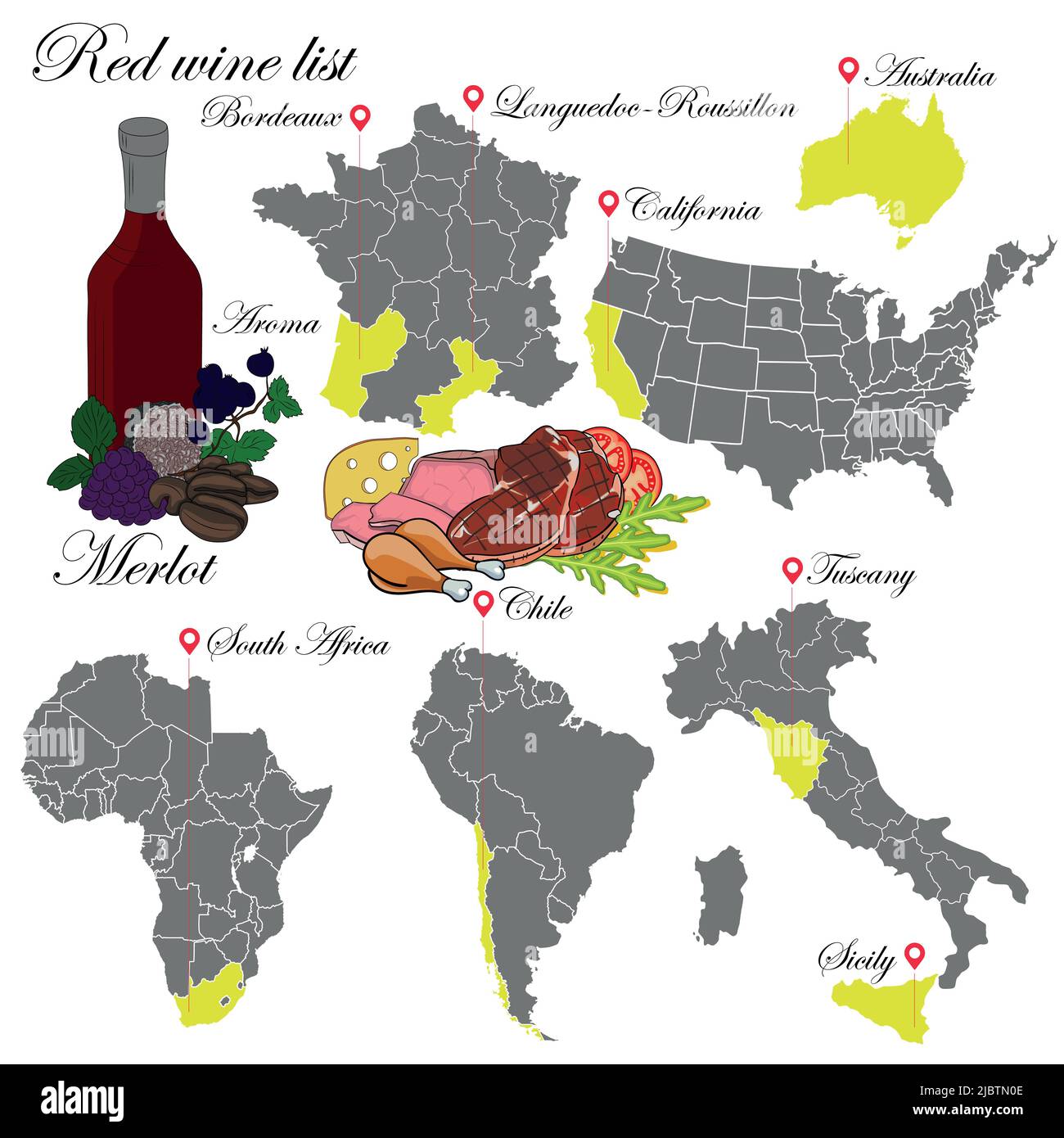 Merlot. La carte des vins. Une illustration d'un vin rouge avec un exemple d'arômes, une carte du vignoble et une nourriture qui correspond au vin. Illustration de Vecteur
