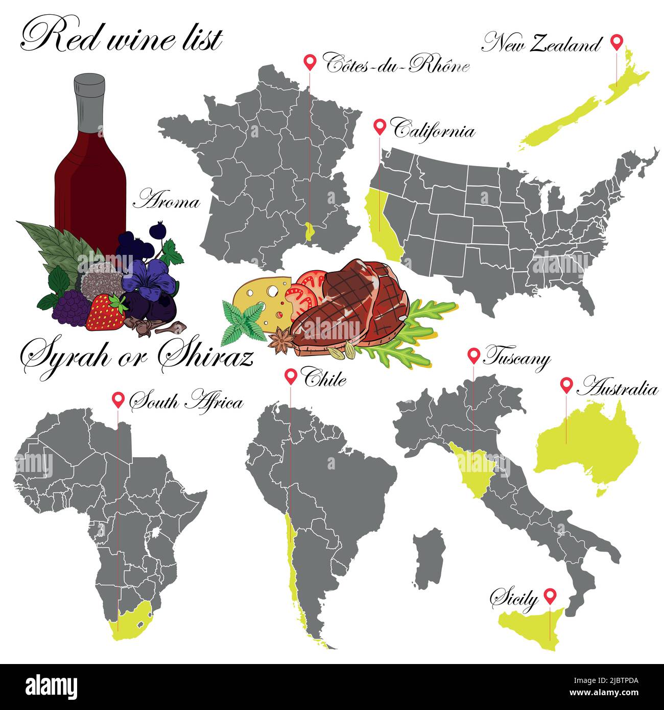 Syrah ou Shiraz. La carte des vins. Une illustration d'un vin rouge avec un exemple d'arômes, une carte du vignoble et une nourriture qui correspond au vin. Illustration de Vecteur