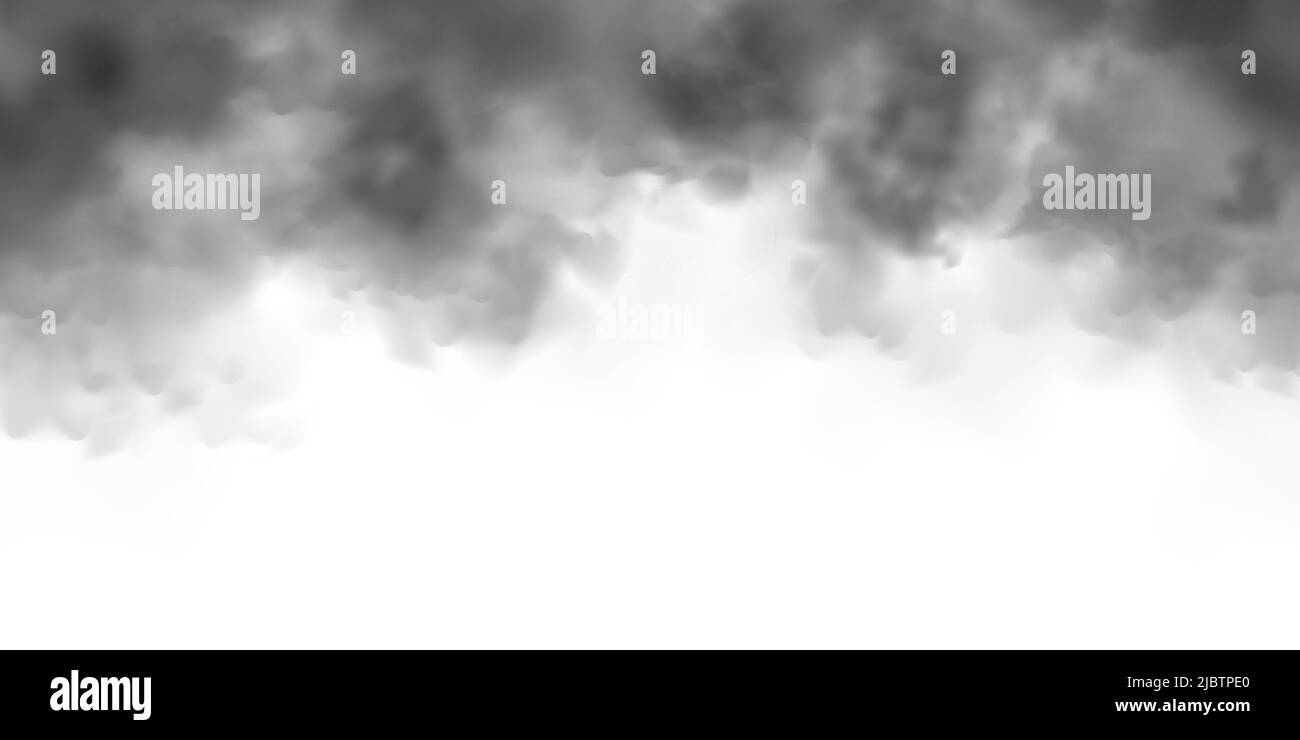 Fumée réaliste noire, nuages de poussière isolés sur fond blanc. Pollution par le smog ou le brouillard sale. Pollution de l'air, effet de brume. Fumée provenant d'un incendie ou d'une explosion Illustration de Vecteur