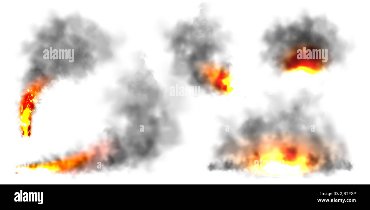 Fumée réaliste noire, nuages de poussière isolés sur fond blanc. Pollution par le smog ou le brouillard sale. Pollution de l'air, effet de brume. Fumée provenant d'un incendie ou d'une explosion Illustration de Vecteur