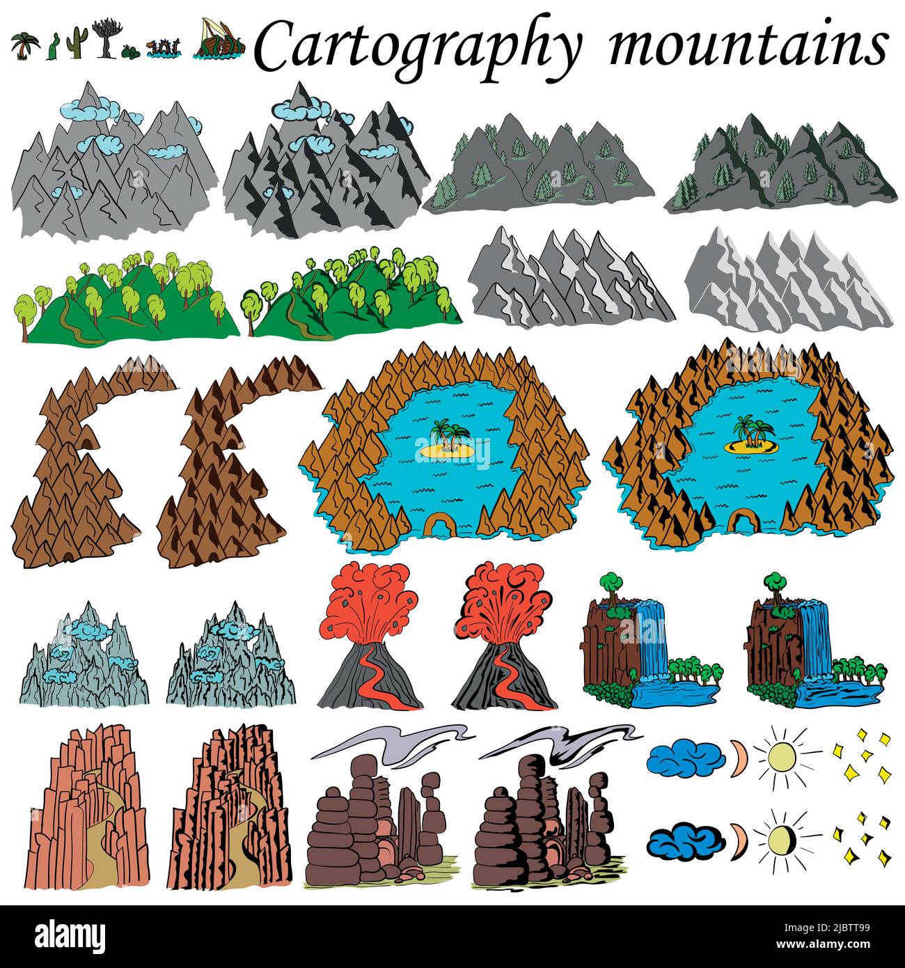 Cartographie. Les montagnes. Éléments pour créer des cartes fantaisie ou des jeux. Mer, océan et montagnes avec forêts, collines. Ensemble noir et blanc dessiné à la main. Illustration de Vecteur