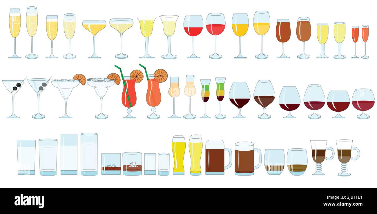 Verres pour illustration de la couleur du vin, champagne, whisky, cognac. Types de verres pour boissons alcoolisées et non alcoolisées. Illustration de Vecteur