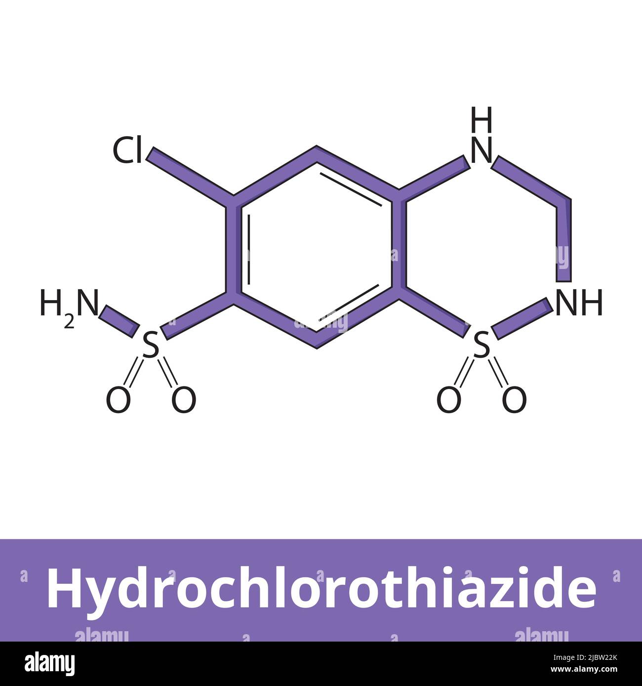 Structure chimique de l'hydrochlorothiazide. Il s'agit d'un médicament diurétique souvent utilisé pour traiter l'hypertension et l'enflure dues à l'accumulation de liquide. Illustration de Vecteur