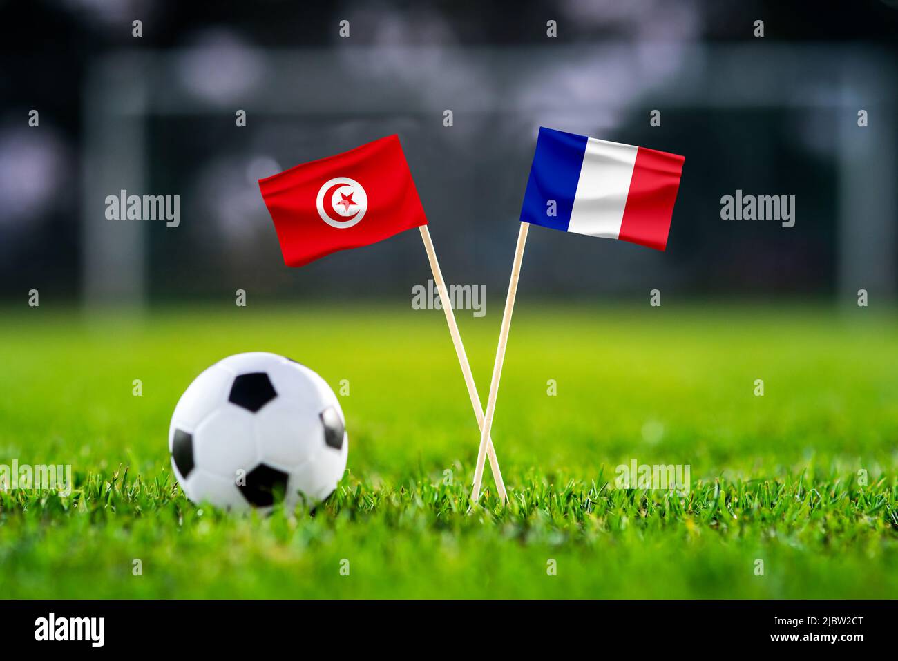 Tunisie contre France, ville de l'éducation, papier peint du match de football, drapeaux nationaux faits main et ballon de football sur gazon vert. Stade de football en arrière-plan. Banque D'Images
