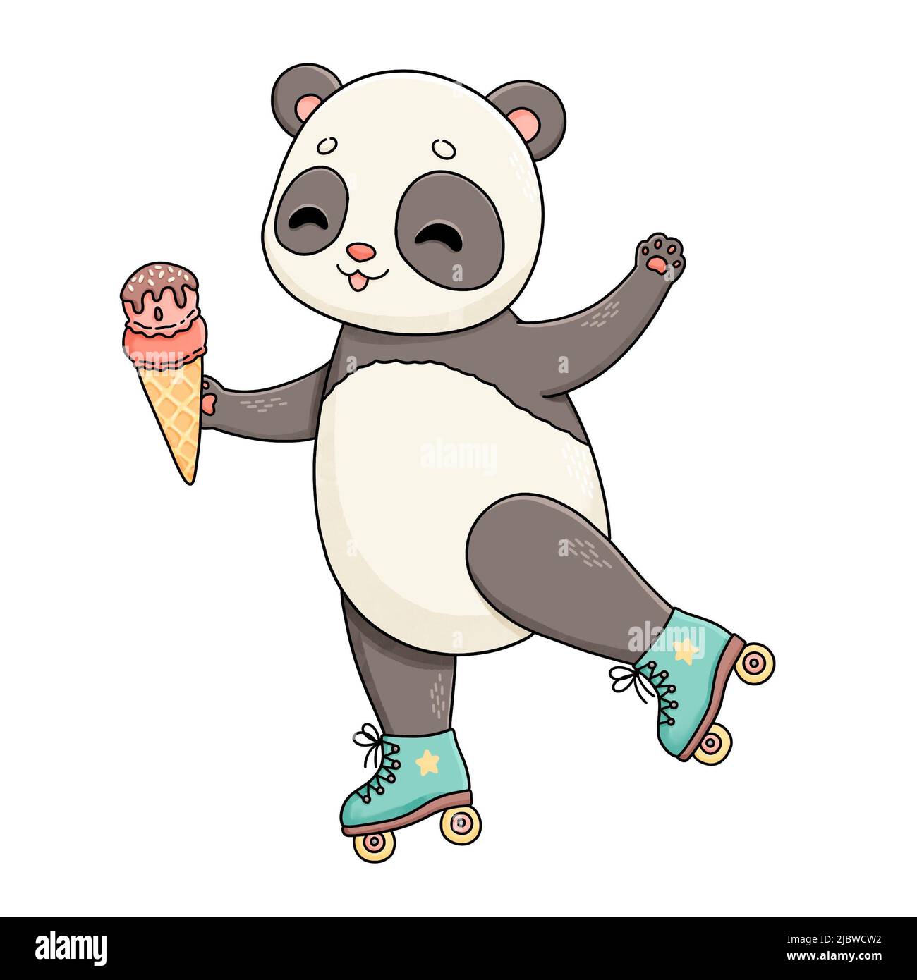 Panda de l'été sur des rouleaux bleus avec de la crème glacée Banque D'Images