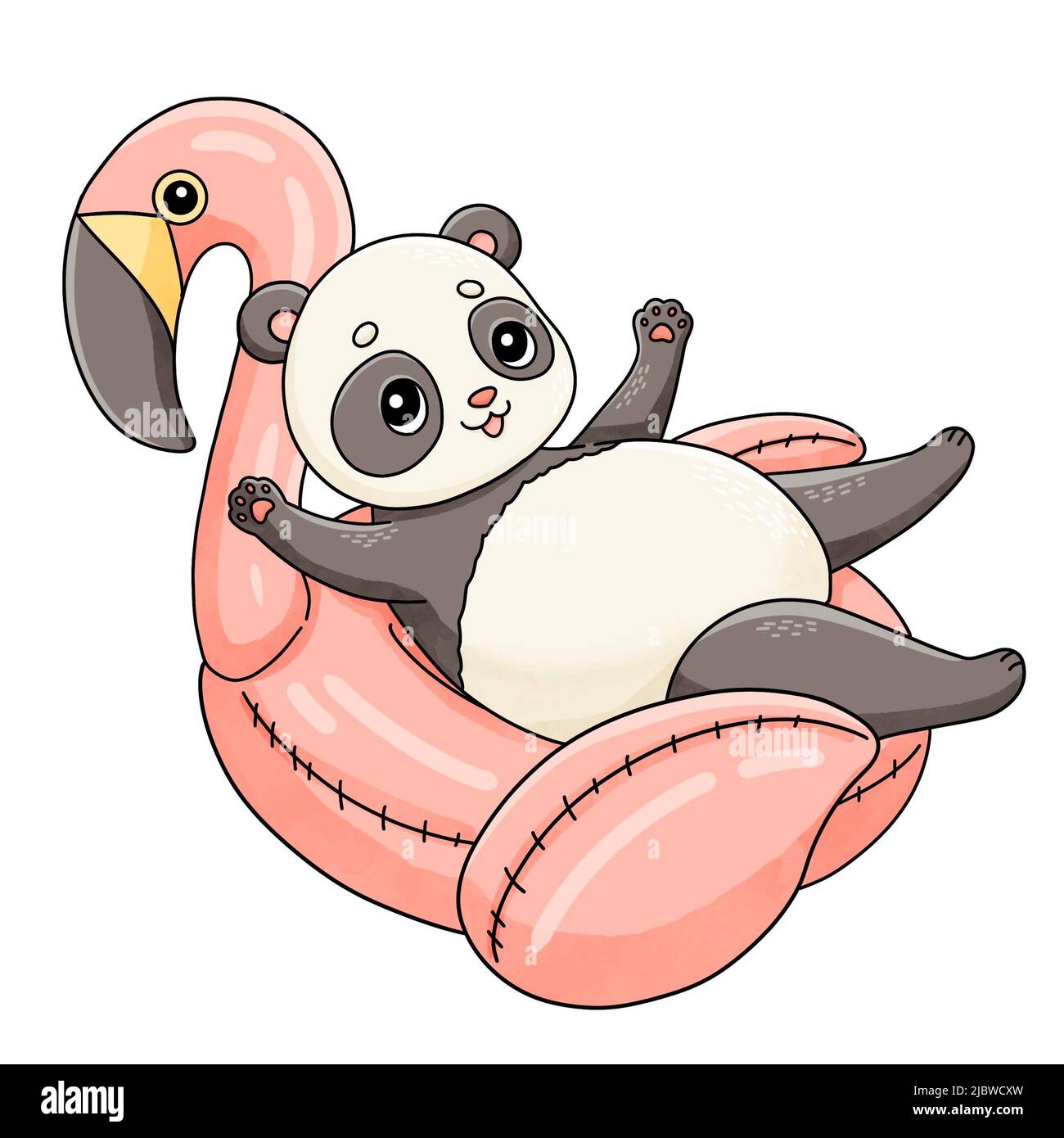 Panda d'été sur l'illustration de l'anneau en caoutchouc flamant Banque D'Images
