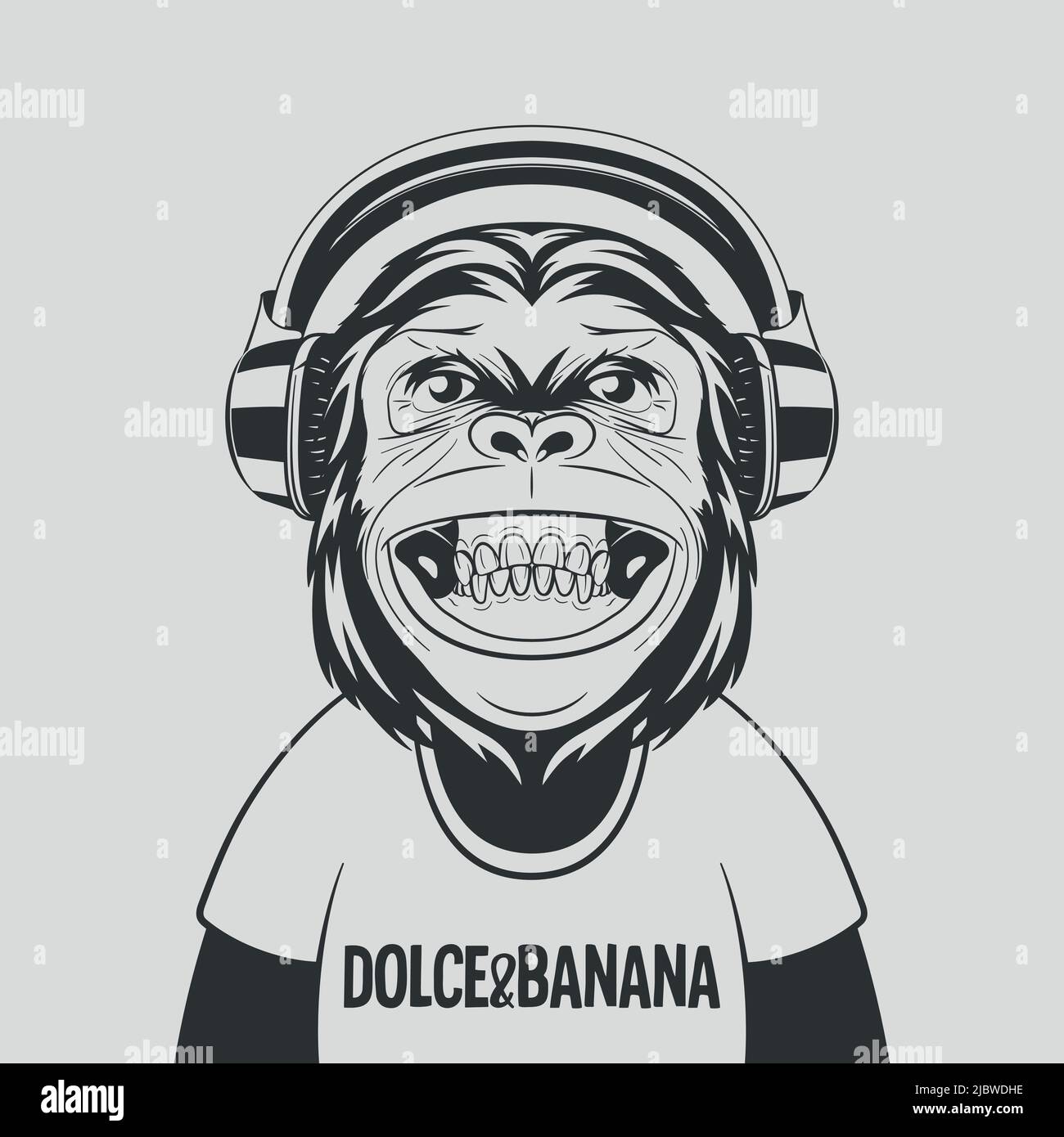 Vector drôle sourire Noir et blanc Monochrome Chimpanzé avec casque. Happy Monkey for Wall Art, imprimé T-shirt, affiche. Dessin animé mignonne cheminée Illustration de Vecteur