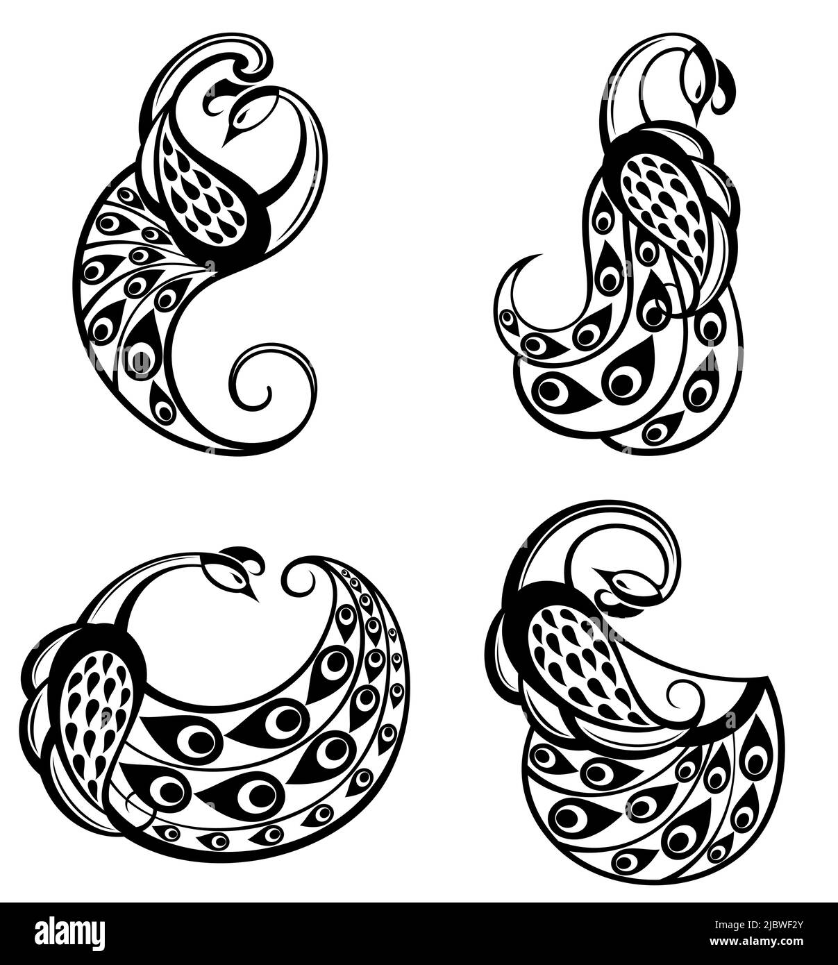Ensemble de paons de cooloche dans diverses poses. Collection de personnages mignons isolés. Illustration de Vecteur
