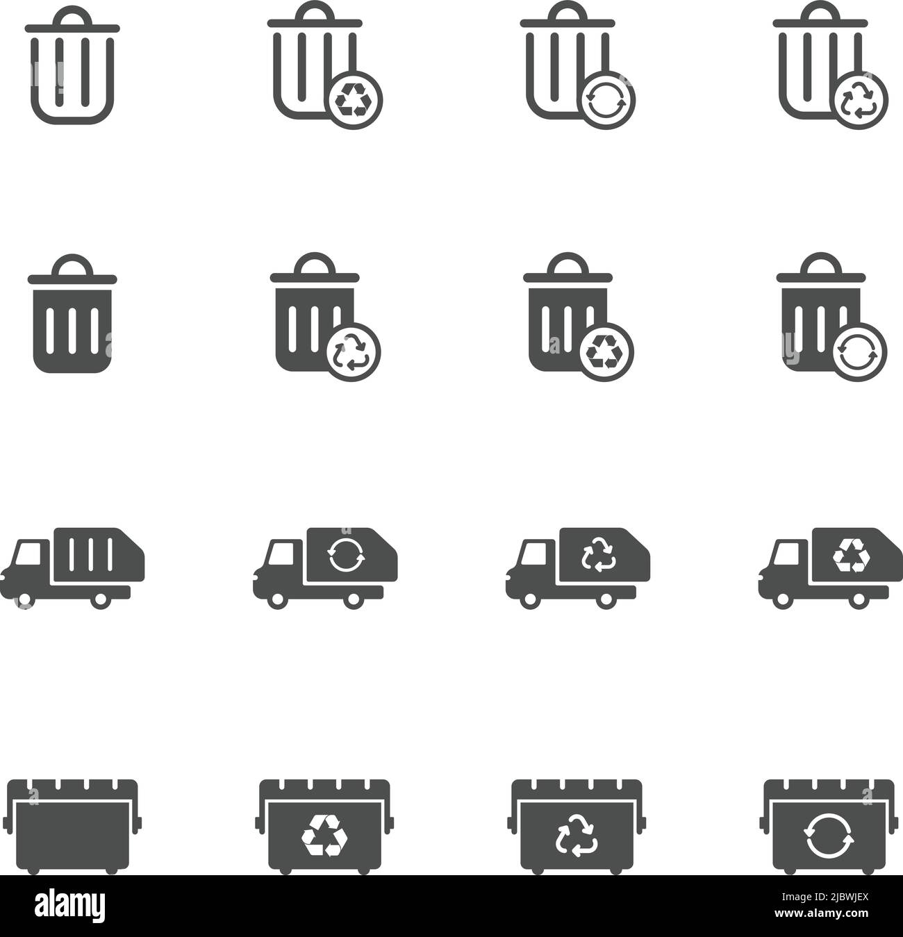 ensemble d'icônes de poubelle, de corbeille et de vecteur de camion à ordures Illustration de Vecteur