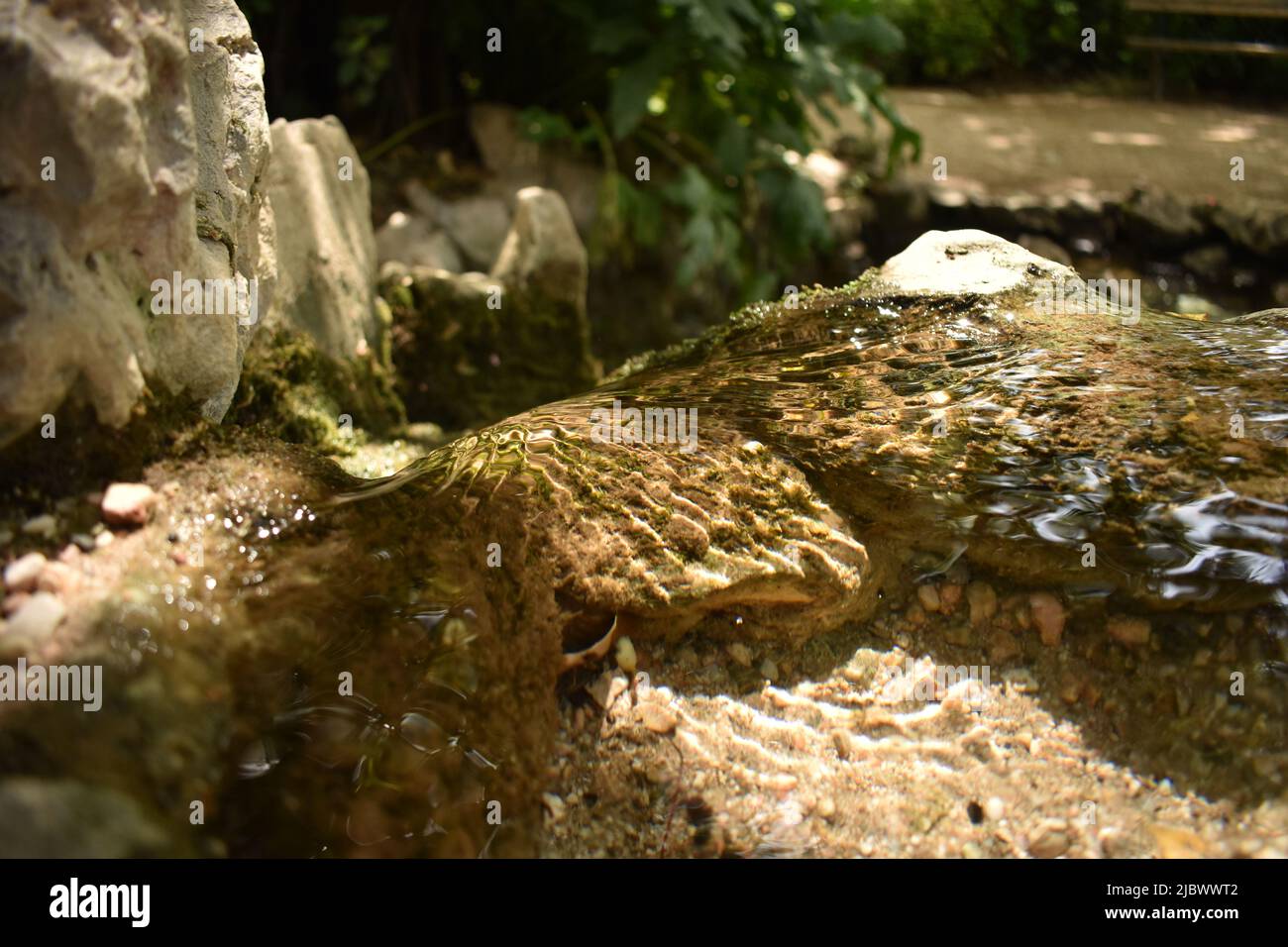 Gros plan de l'eau coulant dans la nature à travers les rochers. Banque D'Images