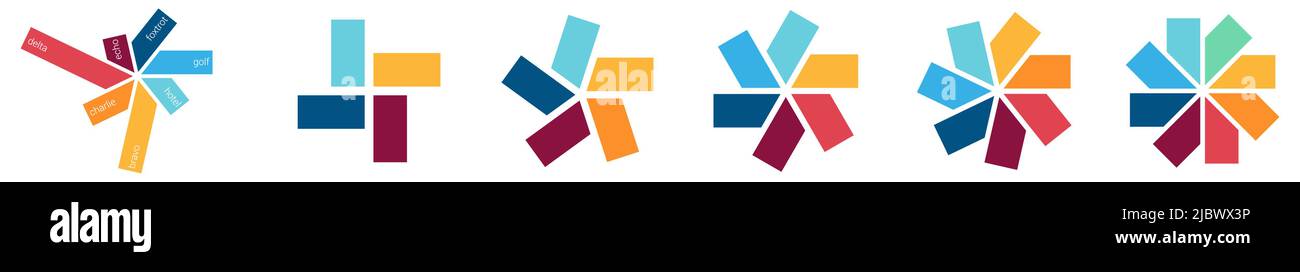 Rectangles disposés dans un motif de cercle, se chevauchant partiellement - version avec quatre à huit parties, élément infographique simple Illustration de Vecteur