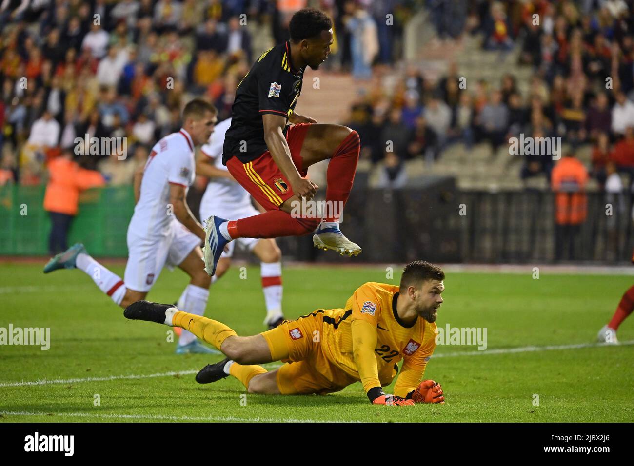 Lois Openda de Belgique marquant le but 6-1 lors d'un match de football entre l'équipe nationale belge les Red Devils et la Pologne, mercredi 08 juin 2022 à Bruxelles, le deuxième match (sur six) dans la Ligue des Nations A de groupe. BELGA PHOTO DIRK WAEM Banque D'Images