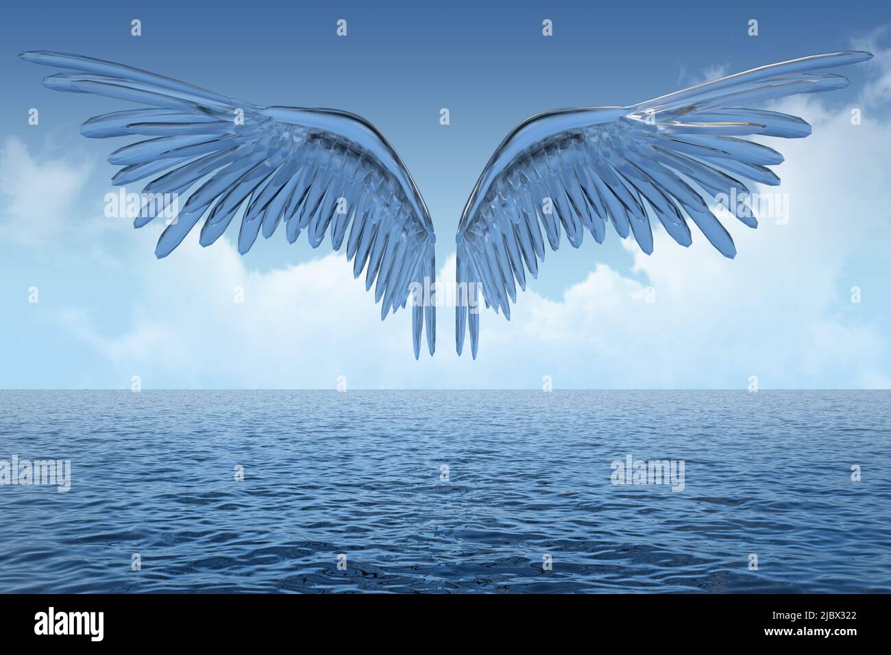 des ailes en verre survolent l'océan. 3d rendu Banque D'Images