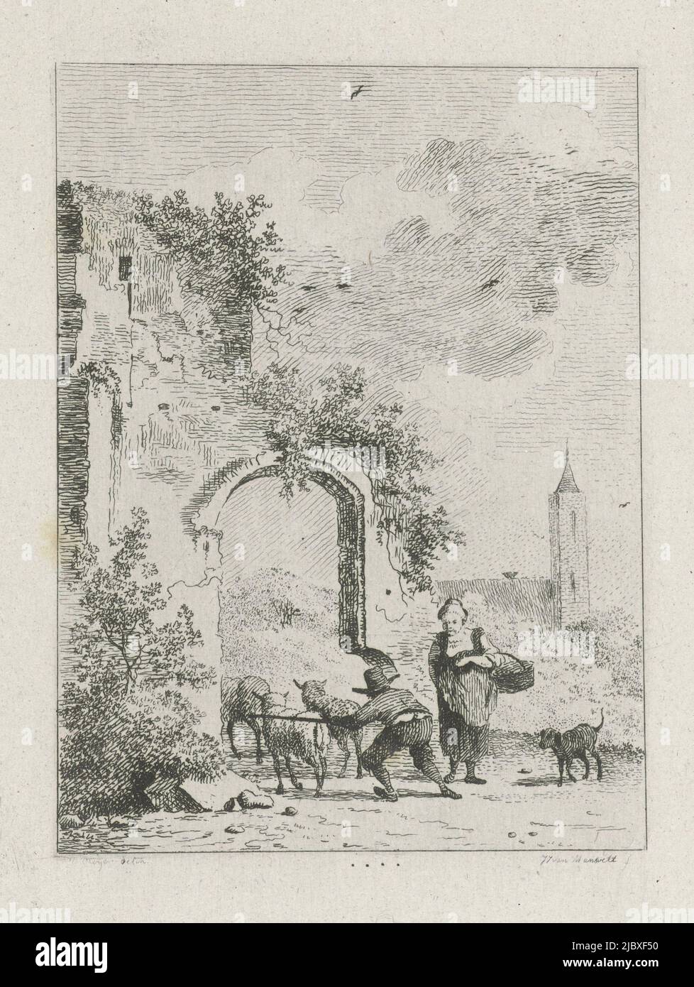 Un berger conduit son troupeau de moutons à travers une porte, à côté de lui une femme avec un panier sur son bras. A droite un chien, berger avec mouton à la porte., imprimerie: Jan Izaak van Mansvelt, (mentionné sur objet), rapporteur pour avis: Hendrik Meijer, (mentionné sur objet), pays-Bas, 1771 - 1802, papier, gravure, h 112 mm × l 84 mm Banque D'Images