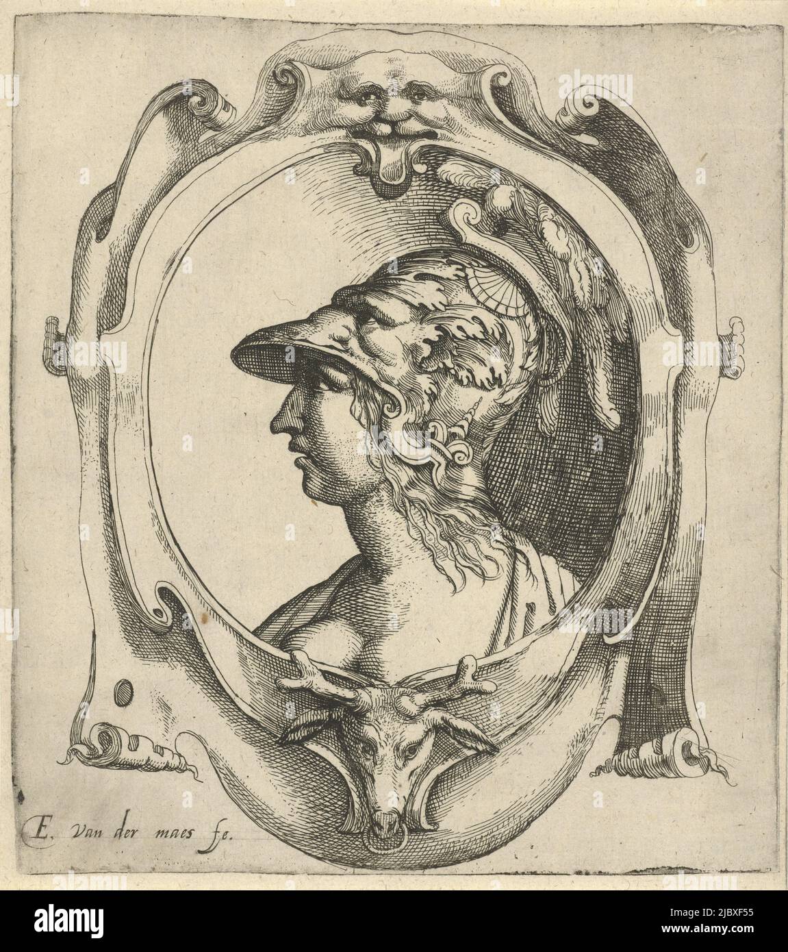 Buste d'une jeune femme à gauche avec un casque richement décoré sur la tête, dans une cartouche, dans laquelle de dessous une tête de cerf et au-dessus d'un visage., buste de jeune femme avec un casque, imprimeur: Everard Crynsz. Van der Maes, (mentionné sur l'objet), la Haye, 1587 - 1647, papier, gravure, gravure, h 192 mm × l 171 mm Banque D'Images