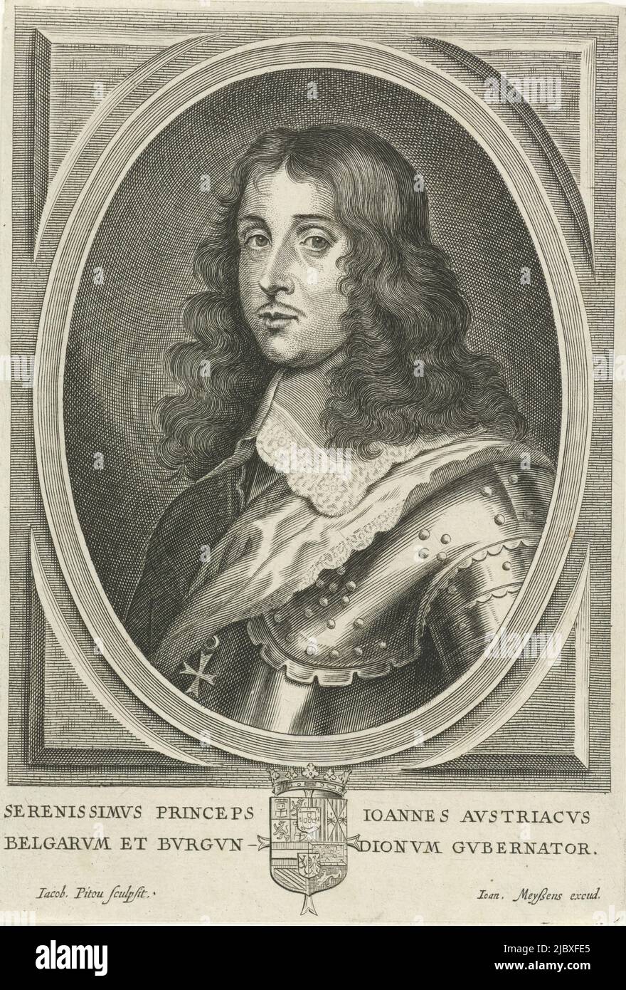 Portrait de Jan d'Autriche, gouverneur des pays-Bas. Il porte une armure et une pendentif de l'ordre du Saint-Esprit. Dans la marge sont ses armoiries et une légende de deux lignes en latin, Portrait de Jean d'Autriche., imprimerie: Jacob Pitau, (mentionné sur l'objet), éditeur: Joannes Meyssens, (mentionné sur l'objet), Anvers, 1654 - 1661, papier, gravure, h 170 mm × l 117 mm Banque D'Images