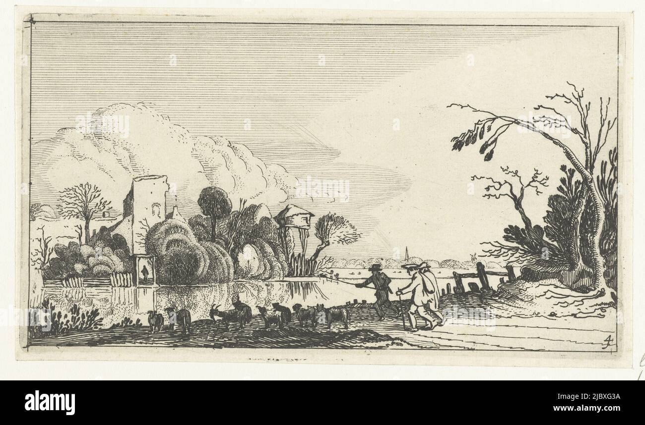 Berger avec chèvres et moutons près d'une rivière paysages à Esaias van de Velde (titre de la série), Esaias van de Velde, imprimeur: Anonyme, éditeur: Claes Jansz. Visscher (II), (éventuellement), 1610 - 1650, papier, gravure, h 97 mm × l 172 mm Banque D'Images