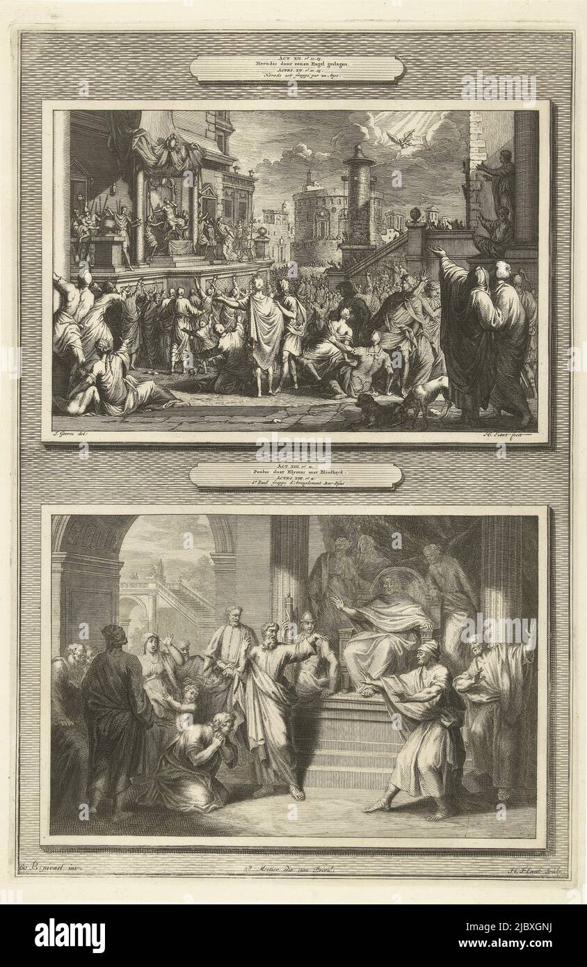 Deux représentations l'une au-dessus de l'autre. L'empeigne montre la mort d'Hérode Agrippa: Une foule dans la rue regarde avec horreur comme un ange jette un éclair à Hérode, assis sur son trône. Le plus bas montre Paul s'étirant de son bras vers Barjezus (Elymas), le aveuglant temporairement; de son trône Segius regarde Paul., la mort d'Hérode Agrippa et Paul frappant Barjezus avec cécité Hérode frappé par un ange et Paul frappant Elymas avec des bandheyd (titre sur objet), imprimeur: Hendrik Elandt, (mentionné sur l'objet), rapporteur pour avis intermédiaire: Jan Goeree, (mentionné sur Banque D'Images