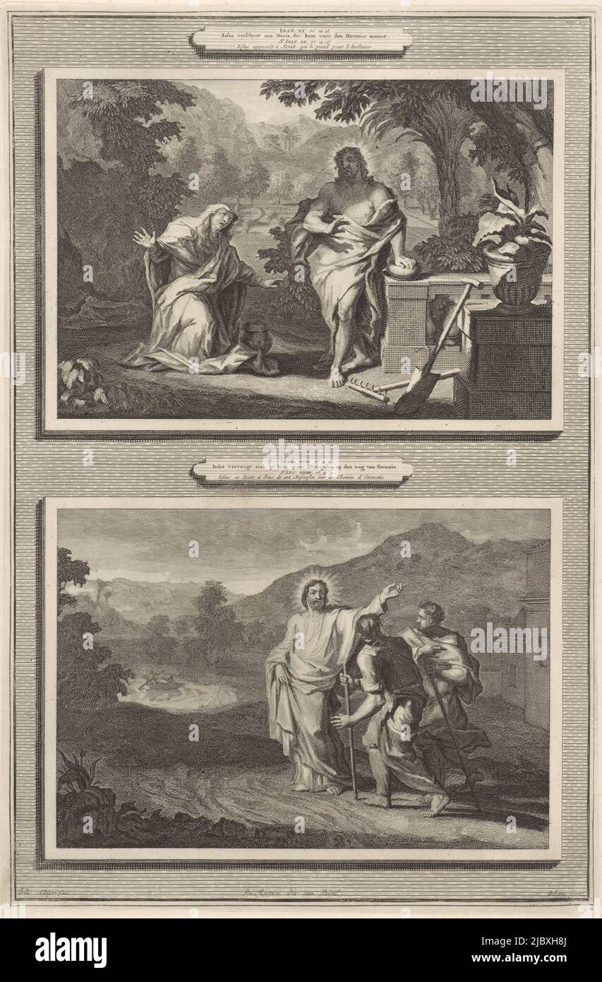 Deux apparitions du Christ après la résurrection. Au-dessus, il apparaît à Mary Magdalene, qui s'agenouille devant lui. L'avant droit montre les outils du jardin, comme Marie pensait que Christ était le jardinier. En dessous, il se tient devant les disciples Emmaüs Cleopas et Pierre. Le Christ apparaît à Mary Magdalene et aux disciples d'Emmaus Iesus verschynt aan Maria, die hem voor den Hovenier ziet / Iesus vervoegt sich bij twee zyner Discipelen op den weg van Emma, imprimeur: Laurens Scherm, (mentionné sur l'objet), Ottmar Elliger (II), éditeur mentionné sur l'objet: Pieter Mortier (I), (mentionné à l'objet), Amsterdam, 1700 Banque D'Images