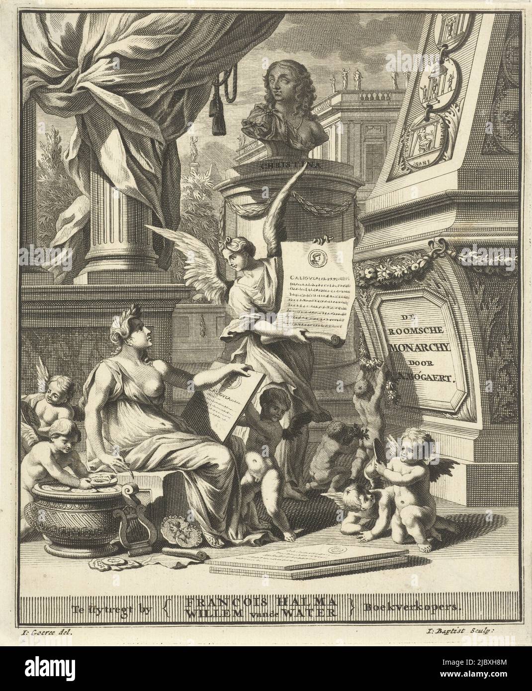 Une femme écrit sur une table un texte sur l'empereur romain Caligula. Autour d'elle, putti jouer. En arrière-plan se trouve une statue avec un buste de portrait de Christina de Suède, page de titre pour A. Bogaert, de roomsche monarchie, vertoont in de muntbeelden der westersche en oostersche keizeren, Utrecht 1697, imprimerie: Jacobus Baptist, (mentionné sur l'objet), dessinateur intermédiaire: Jan Goeree, (mentionné sur l'objet), éditeur: François Halma, (mentionné sur l'objet), Utrecht, 1697, papier, gravure, gravure, h 202 mm × l 166 mm Banque D'Images